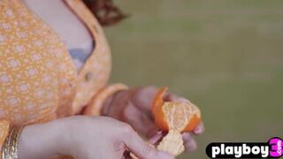 Huge natural tits redhead MILF Minxie posed naked after passion striptease