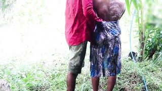 A Big Booty Stepmom bathes naked outside while cheating with their Secretaries on strangers