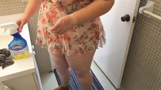 Cleaning lady step into bathroom and showing her giant ass and pussy close up - big fat booty big natural tits milf wet - dress - 14 image