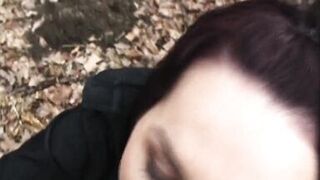 brunette hair mother I'd like to fuck likes to engulf a stranger's cock outdoors