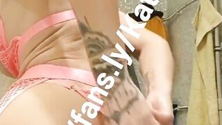 Katia Star skinny fit blonde fake tits bimbo in sexy pink outfit plays with her pussy and cums all over this dildo - 2 image