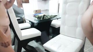 I help my stepsister clean the dining room and we end up fucking on top of him