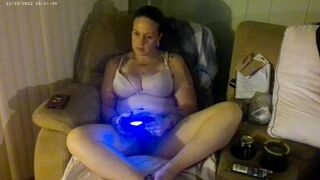 Busty Long Hair Brunette In Bra and Panties Playing PlayStation