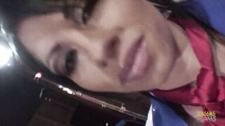 Two busty milf brunettes dressed up as cowgirls ride two hard dicks until they cum on them