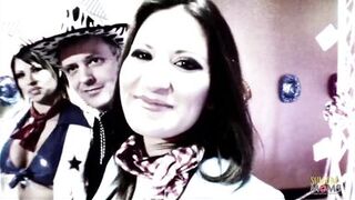 Two busty milf brunettes dressed up as cowgirls ride two hard dicks until they cum on them