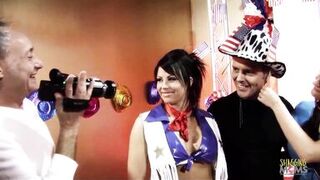 Two busty milf brunettes dressed up as cowgirls ride two hard dicks until they cum on them