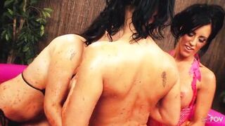 Jelly wrestling is how these three lesbians love to eat pussy and get excited for a threesome