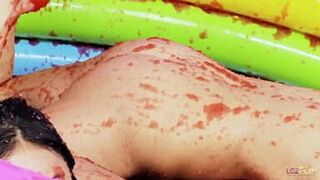 A pool of jello makes the British lesbians with big boobs want to wrestle in it