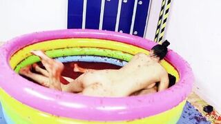 A pool of jello makes the British lesbians with big boobs want to wrestle in it