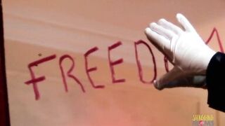 Busty blonde milf with a very nice rack and cute face sucks a big cock behind the curtain