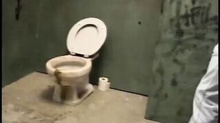 Fair-haired hottie likes to clean the bald dude's pipe through gloryhole and gets nailed in toilet