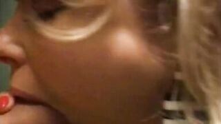 Fair-haired hottie likes to clean the bald dude's pipe through gloryhole and gets nailed in toilet