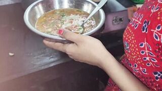 Seeing the maid cooking food in the kitchen, she did not like it, then started pelting it on the same.