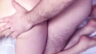 Hairy white dude sticks skinny strumpet as two lesbians muff dive on the couch