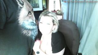 The old Fox squeezes the tits of his eternally inexperienced bitch, and she gratefully sucks his cock! ))