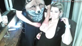 The old Fox squeezes the tits of his eternally inexperienced bitch, and she gratefully sucks his cock! ))