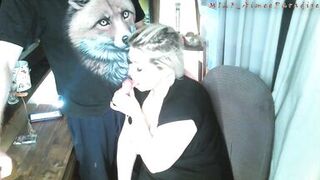 The old Fox squeezes the tits of his eternally inexperienced bitch, and she gratefully sucks his cock! ))