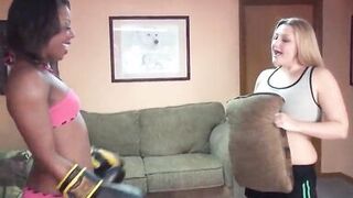 A cute blonde and a hot dark-skinned brunette love lesbian sex. lick pussies to each other and fuck dildo - 2 image