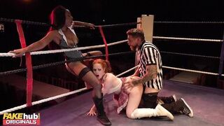 FAKEhub Redhead Teen and Ebony MILF teacher share a cock