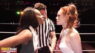 FAKEhub Redhead Teen and Ebony MILF teacher share a cock