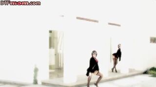 Bigboob MILFs in stockings threeway nailed in doggystyle