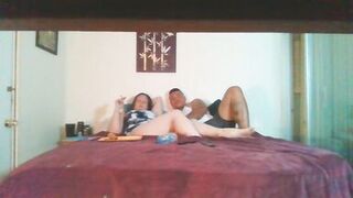 Sexy busty milf smoking while guy slides his hands up her skirt and plays with her pussy