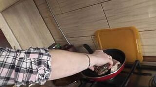 In stockings in high heels no panties and bra sexy mommy MILF Frina continues her nude cooking. Hot and cold minced meat roll on the menu today