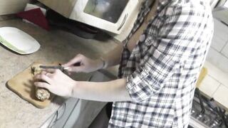 In stockings in high heels no panties and bra sexy mommy MILF Frina continues her nude cooking. Hot and cold minced meat roll on the menu today