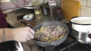 Mommy MILF without panties in stockings high heels continues nude cooking, shows pussy, boobs, nipples, butt and cooks pasta nautically  in kitchen. Ass pussy tits legs mom MILF