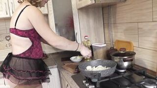 Mommy MILF without panties in stockings high heels continues nude cooking, shows pussy, boobs, nipples, butt and cooks pasta nautically  in kitchen. Ass pussy tits legs mom MILF