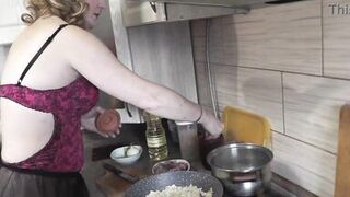 Mommy MILF without panties in stockings high heels continues nude cooking, shows pussy, boobs, nipples, butt and cooks pasta nautically  in kitchen. Ass pussy tits legs mom MILF