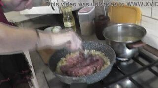 Mommy MILF without panties in stockings high heels continues nude cooking, shows pussy, boobs, nipples, butt and cooks pasta nautically  in kitchen. Ass pussy tits legs mom MILF