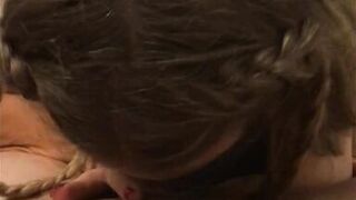 Horny blondie doing amazing blowjob with cumshot in mouth in a holidays