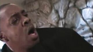 Busty black bitch gets drilled by 10 inch love canon and takes facial