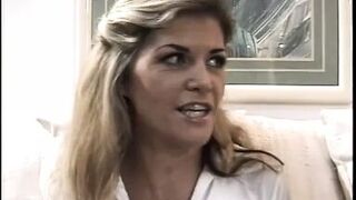 Threesome where blonde school girl sucks two cocks at once