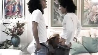 Threesome where blonde school girl sucks two cocks at once