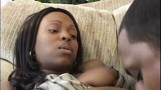 Black stud fucks ebony slut's pussy then shoots load on her torso