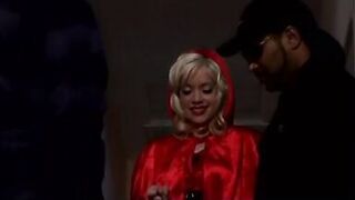 Amazing blonde busty girl in red is riding and sucking the gang hood