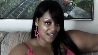 Cute ebony BBWs talk to the camera behind the scenes