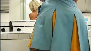 Blonde cheerleader in blue gets fucked at the office