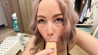 Busty Bitch plays with milk and Sloppy Blowjob Dildo Cock