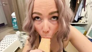 Busty Bitch plays with milk and Sloppy Blowjob Dildo Cock