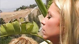 Blonde couple fuck on the patio