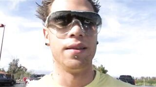 Hottie with huge bazookas sucks hunk's balls and cock