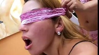 Blindfolded chick licks her friends pussy and butt hole
