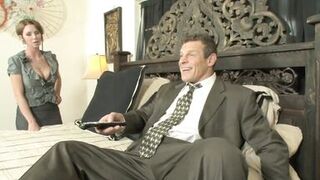 Busty slut goes to horny stud's room to suck his tool