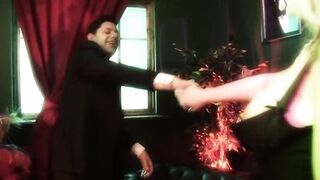 Busty blonde is drinking by herself when dude comes to bang