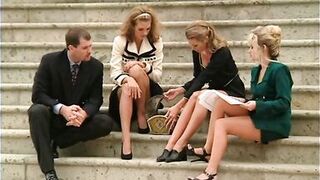 Horny milfs get screwed till orgasm in an outdoors threesome